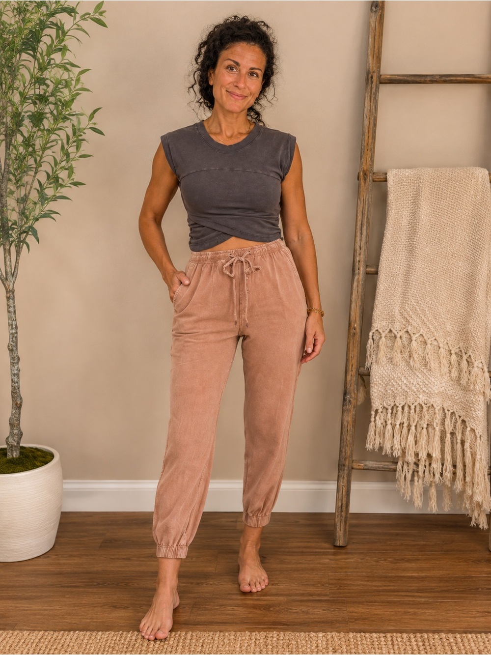 Sadie & Sage Corded Drawstring Joggers in Blush Brown